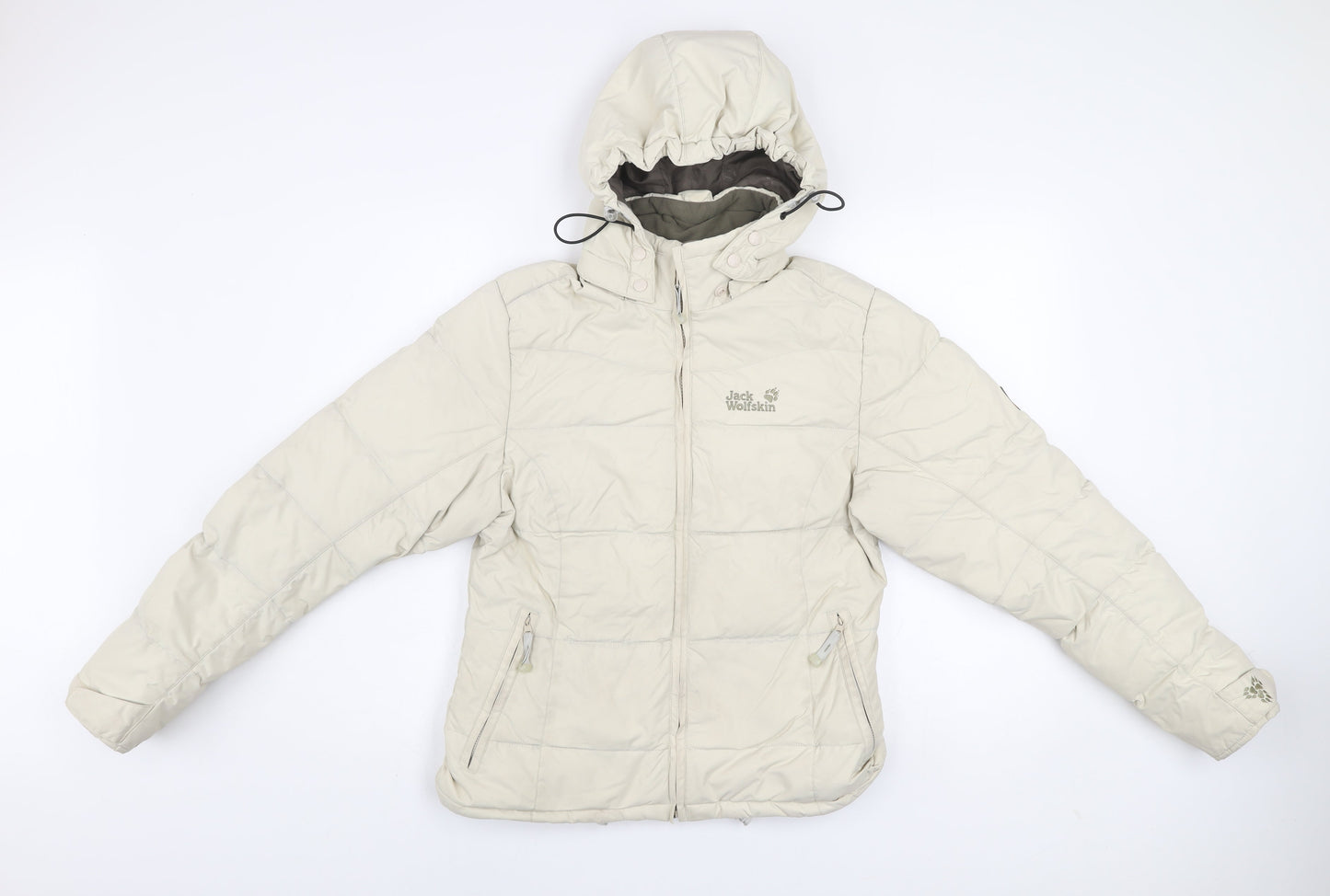 Jack Wolfskin Women Beige Puffer Jacket Size 8 Hooded Winter Coat