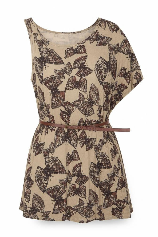 Bershka Women Beige Butterfly Print Tunic Blouse S