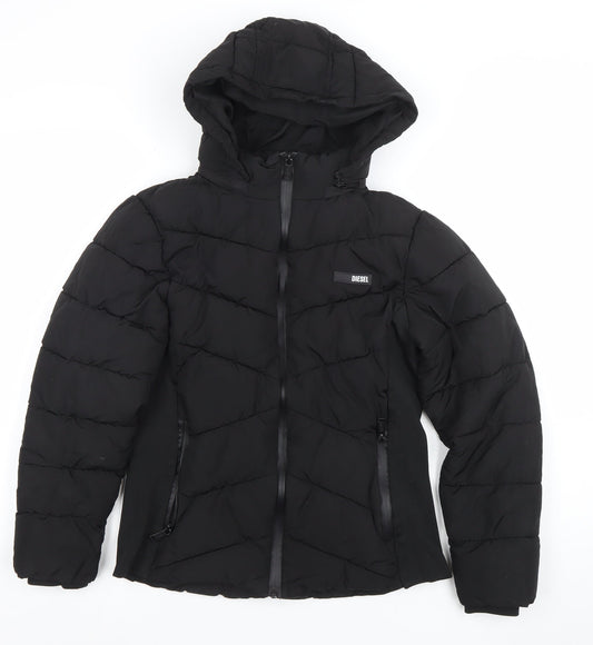 Diesel Women's Black XS Puffer Jacket Hooded Quilted Winter Coat