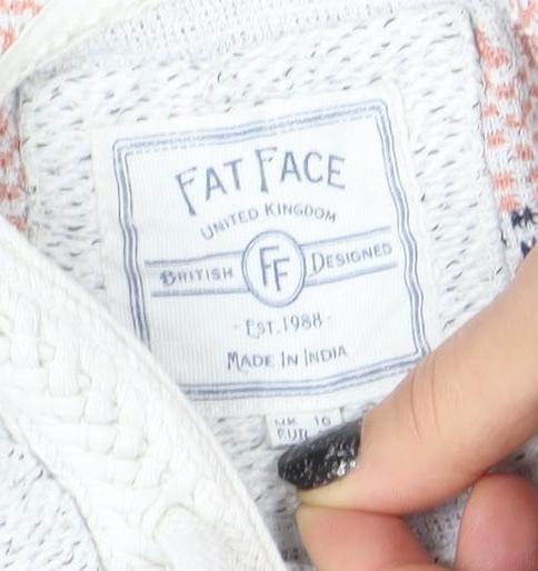 Fat Face Women's White Full Zip Hooded Sweatshirt UK 10 Cotton Blend