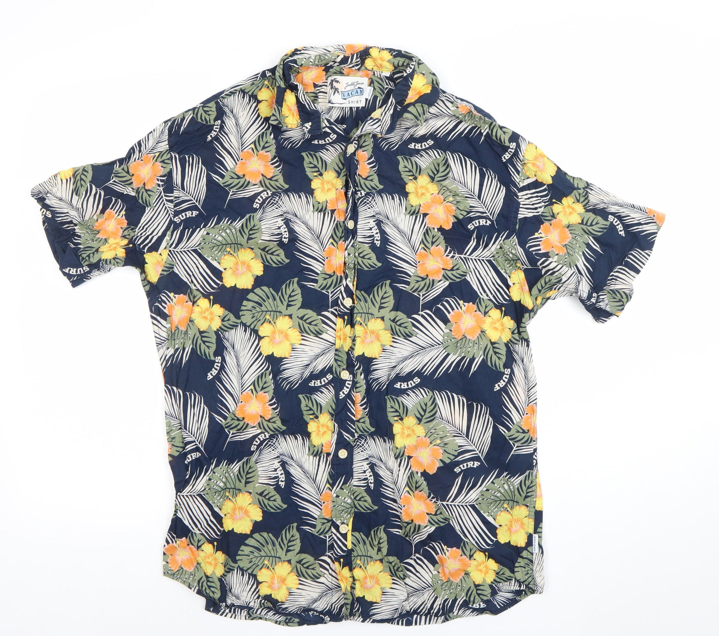 Jack & Jones Men’s Blue Hawaiian Floral Short Sleeve Button-Up Vacay Shirt M