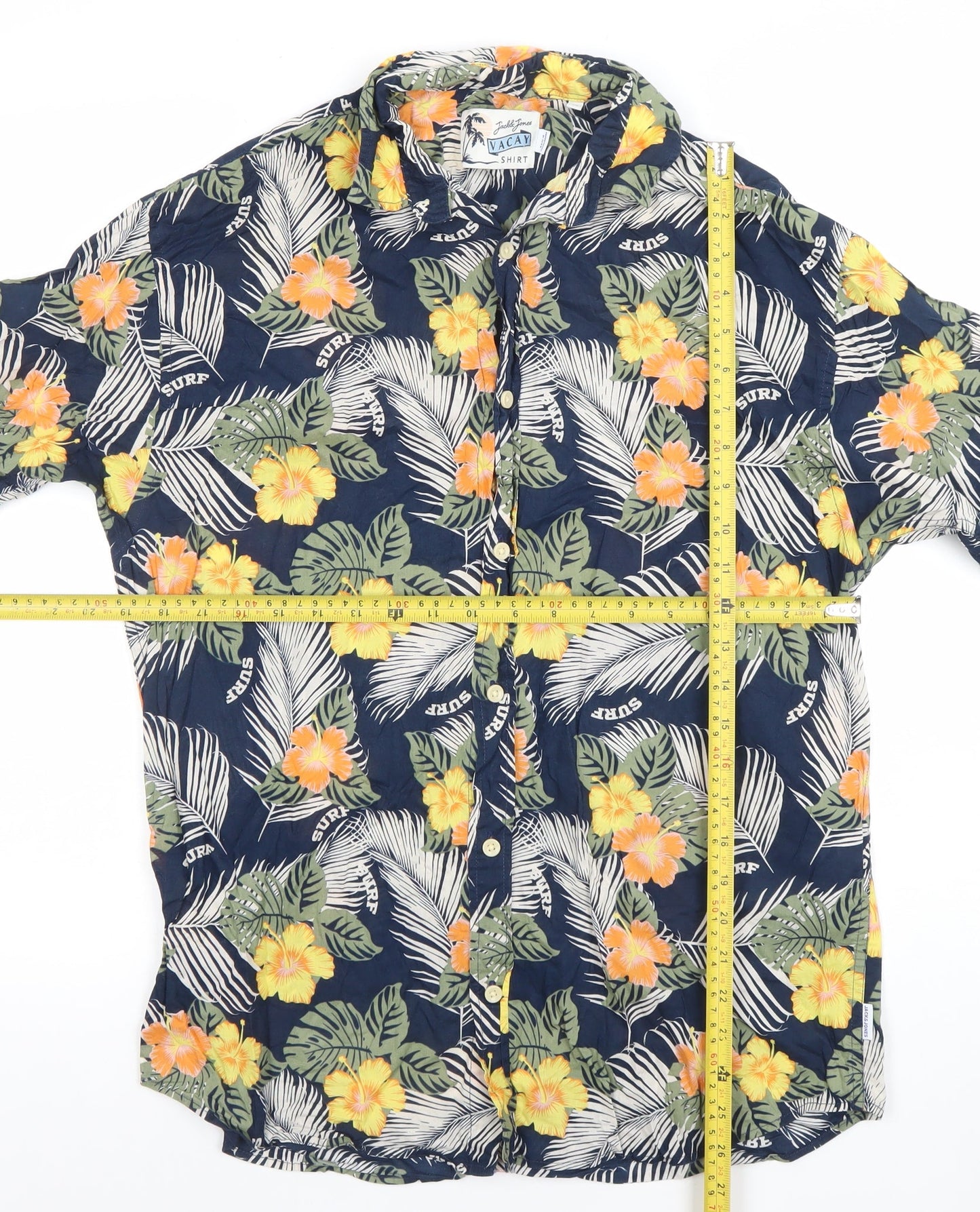 Jack & Jones Men’s Blue Hawaiian Floral Short Sleeve Button-Up Vacay Shirt M