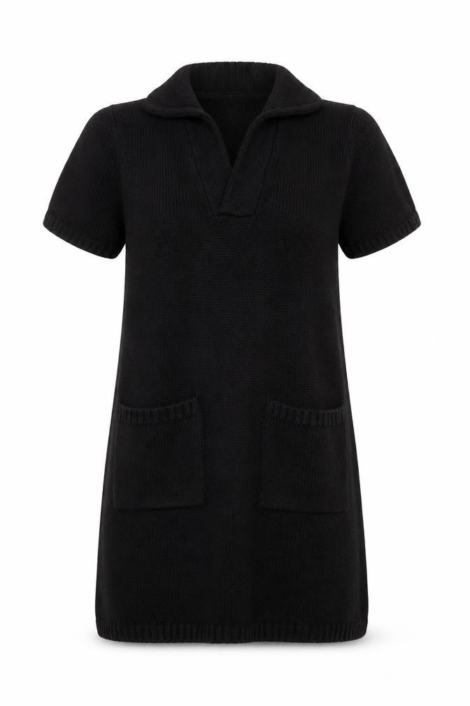 ZARA Womens Black Cotton Knit Jumper Dress Size 10 Short Sleeve Collared