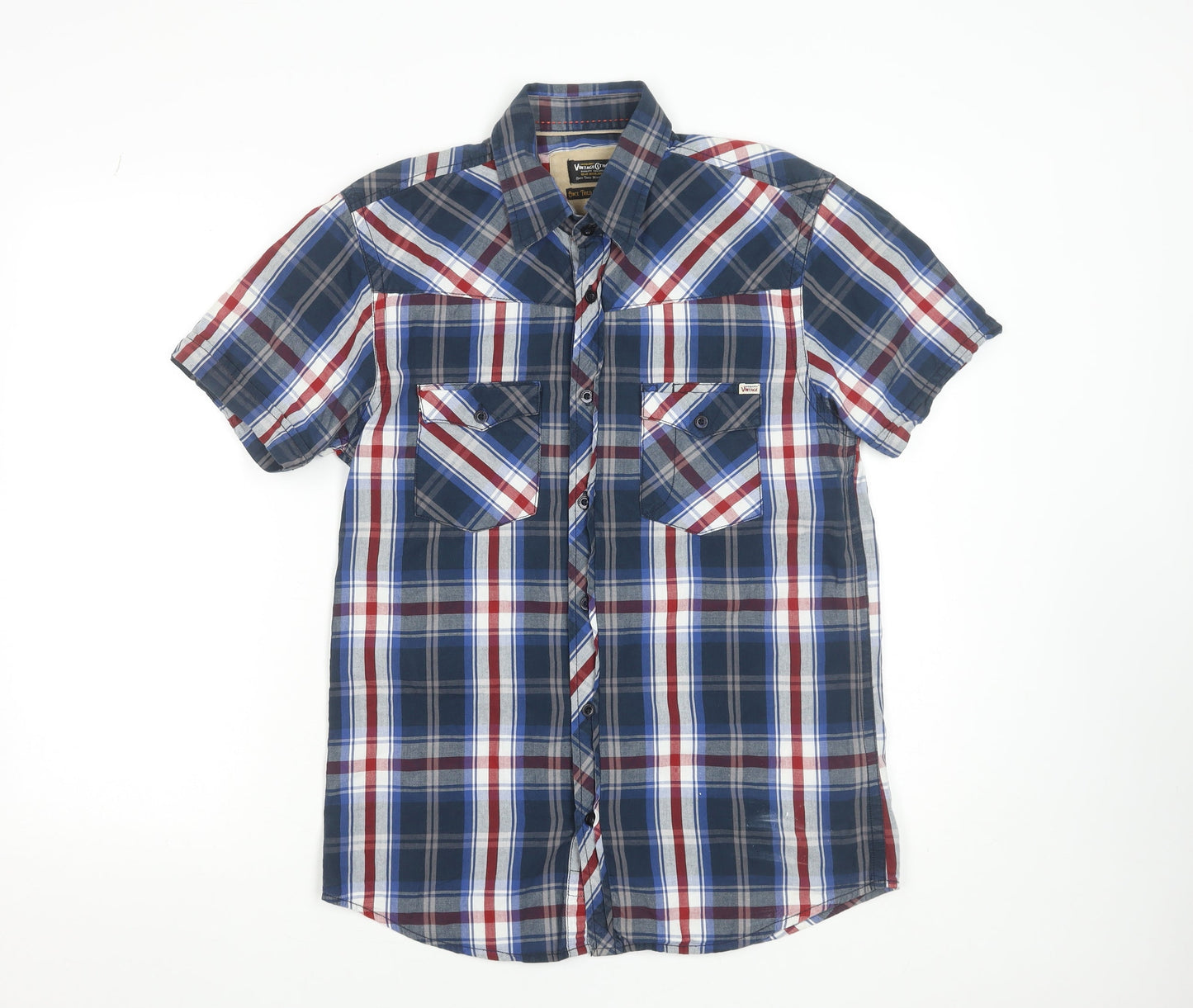 Jack & Jones Men's Blue Plaid Cotton Short Sleeve Button-Up Shirt M