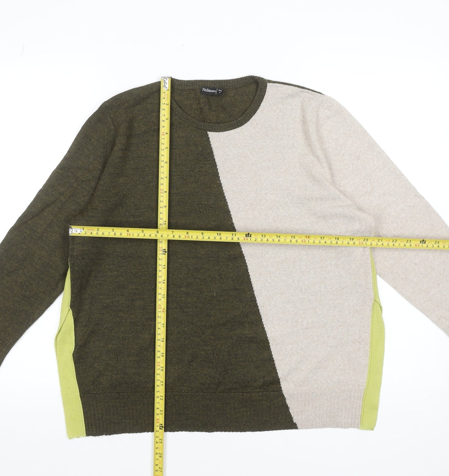 No2moro Women’s Green Colour Block Wool Blend Crew Neck Jumper Size 4