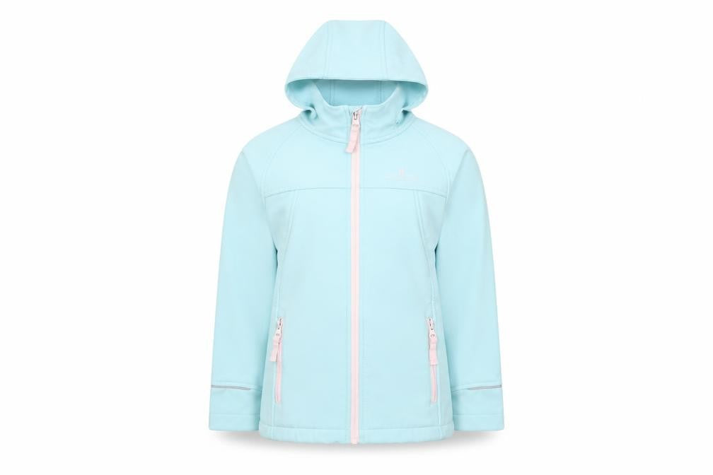 Front view of Hi Gear girls’ blue hooded soft shell jacket 5-6 years lightweight outdoor coat