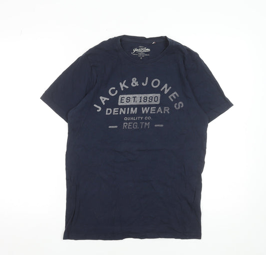 Jack & Jones Men Blue Graphic Crew Neck Cotton T-Shirt Size M