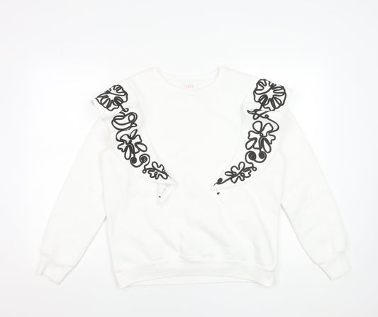 Savida Women White Embroidered Ruffle Sweatshirt Size 12