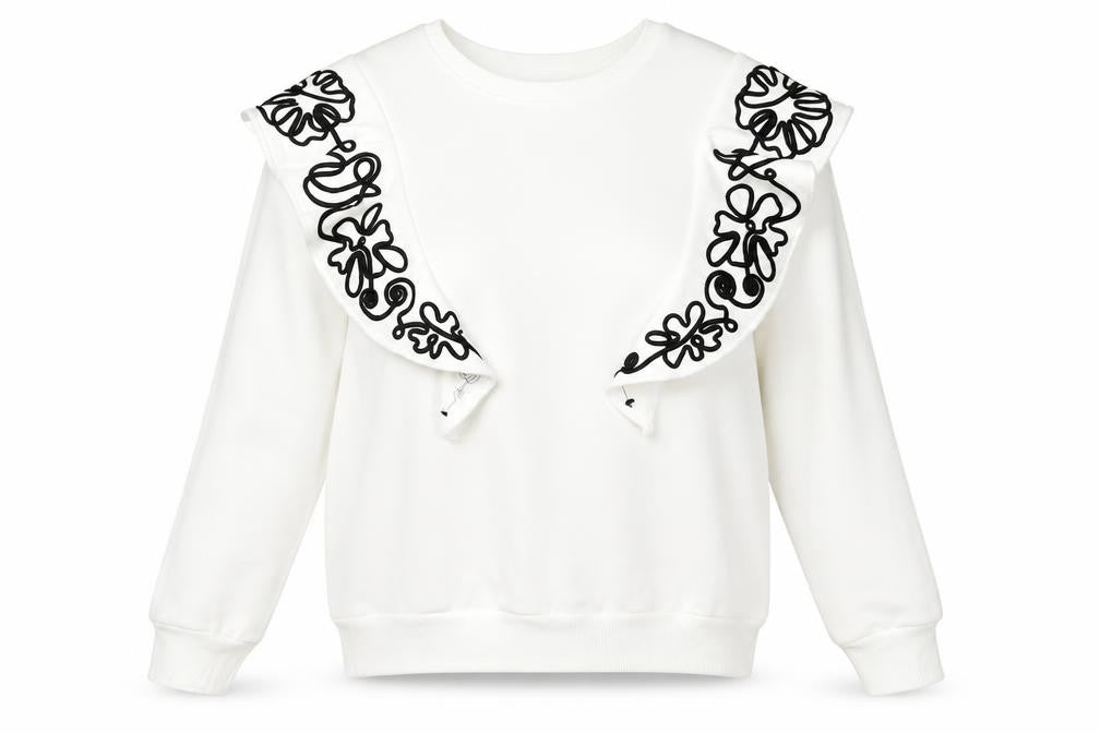 Savida Women White Embroidered Ruffle Sweatshirt Size 12