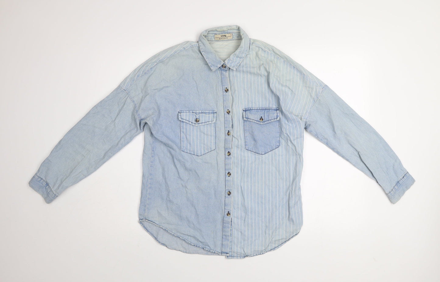 Sinsay Men Blue Denim Striped Button-Up Shirt Size S