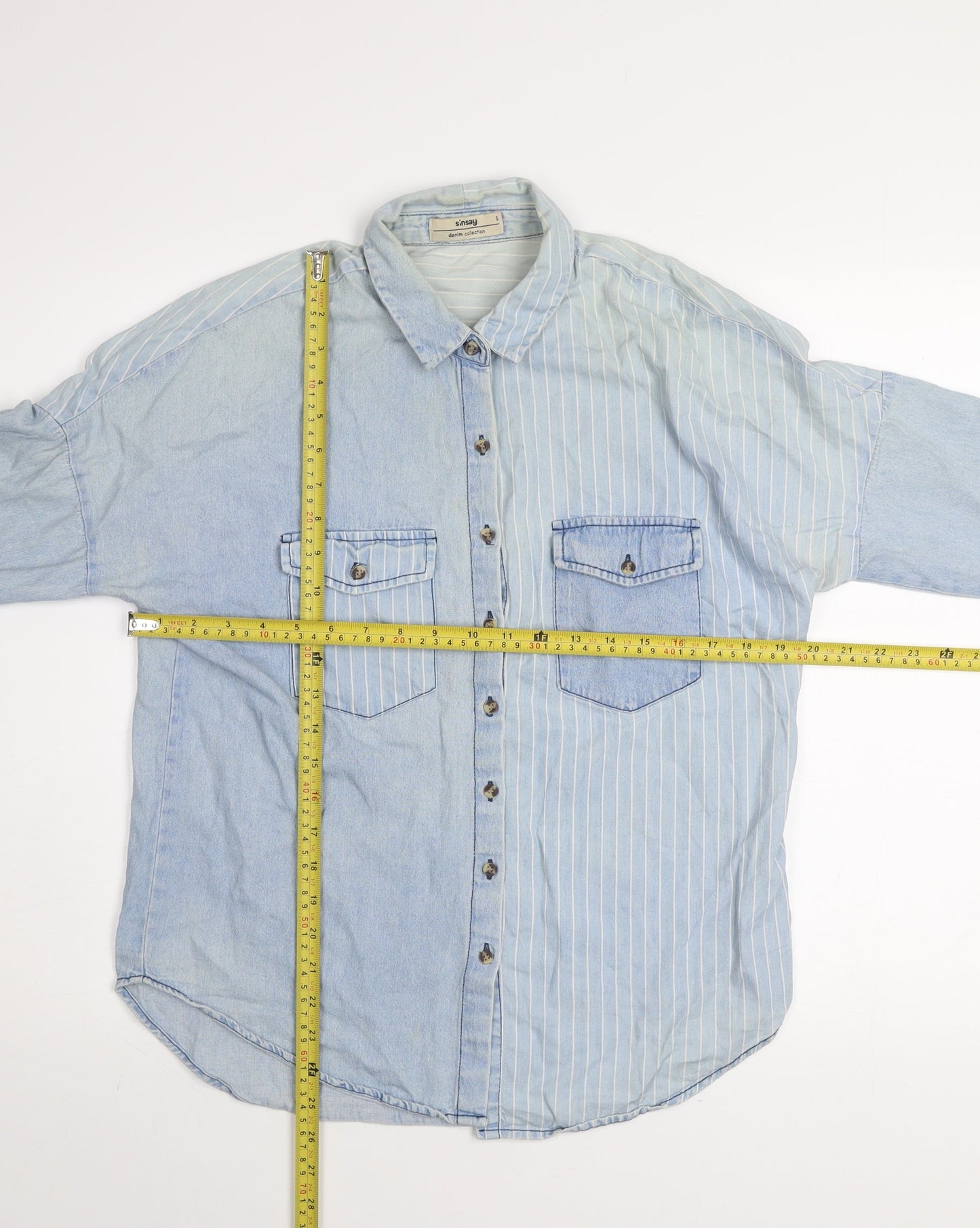 Sinsay Men Blue Denim Striped Button-Up Shirt Size S