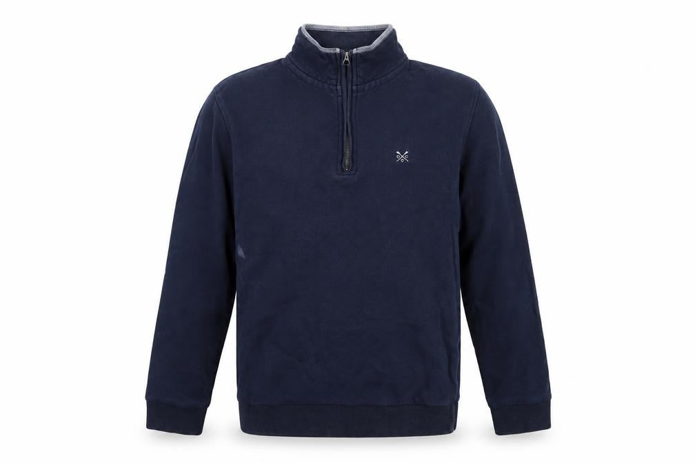 Front view of Crew Clothing Men's Blue 1/2 Zip Cotton Sweatshirt, size S