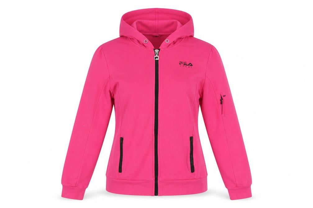 Front view of Fila Sport Women’s Pink Full Zip Hoodie, size M, Cotton Blend