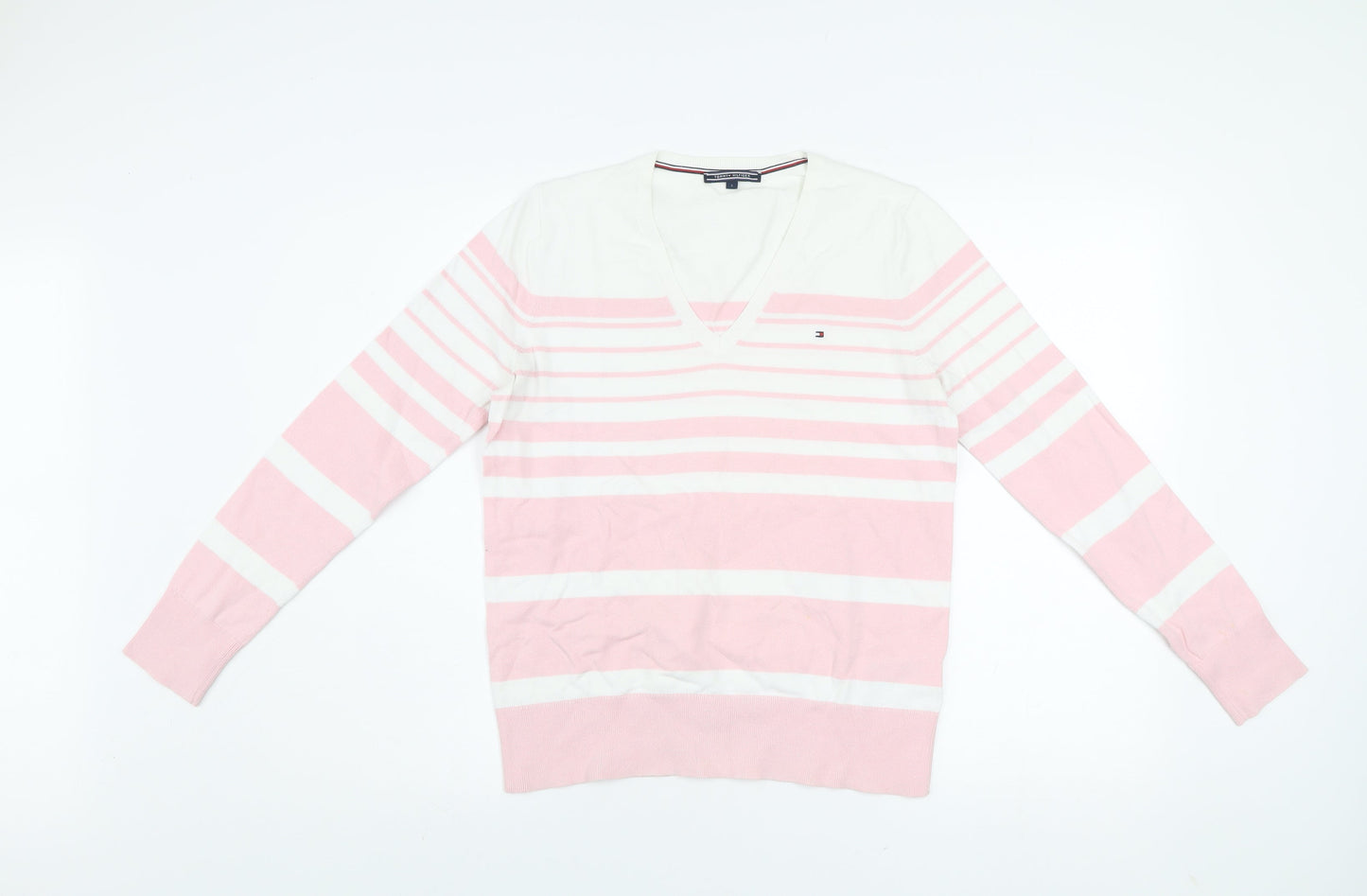 Tommy Hilfiger Men's Pink White Striped V-Neck Cotton Jumper S