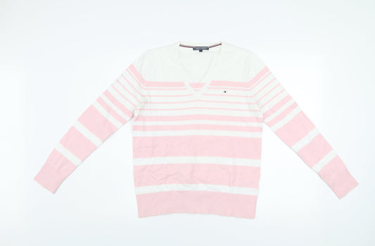 Tommy Hilfiger Men's Pink White Striped V-Neck Cotton Jumper S