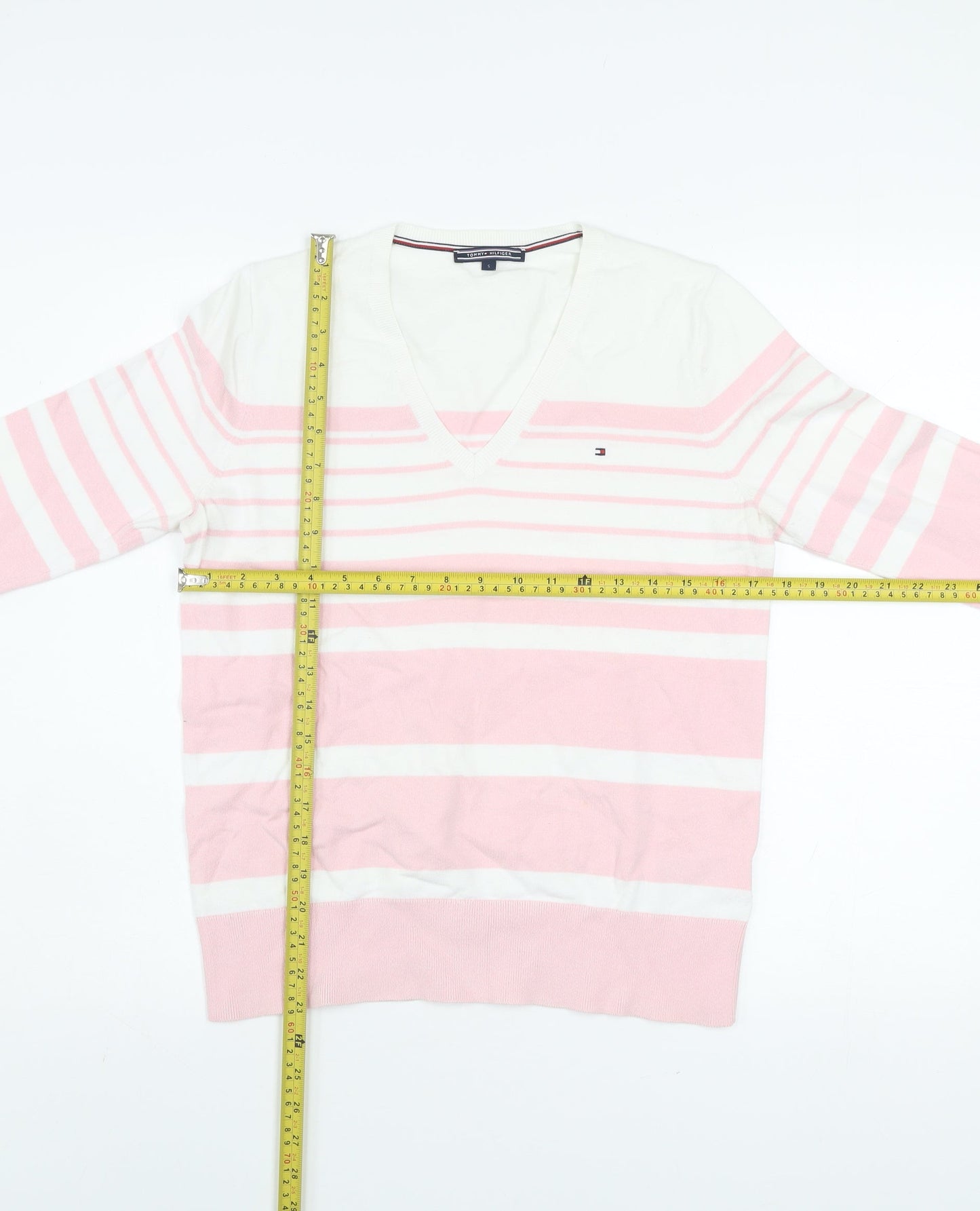 Tommy Hilfiger Men's Pink White Striped V-Neck Cotton Jumper S