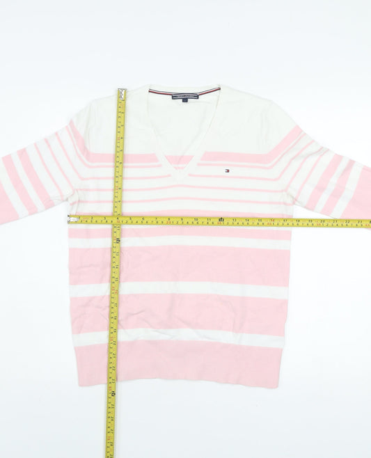 Tommy Hilfiger Men's Pink White Striped V-Neck Cotton Jumper S