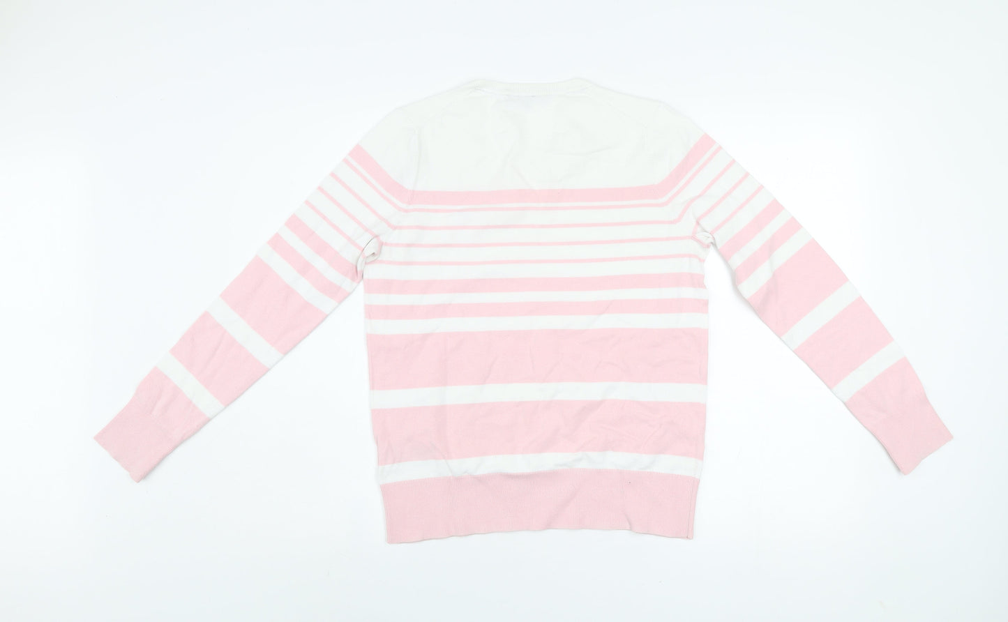 Tommy Hilfiger Men's Pink White Striped V-Neck Cotton Jumper S