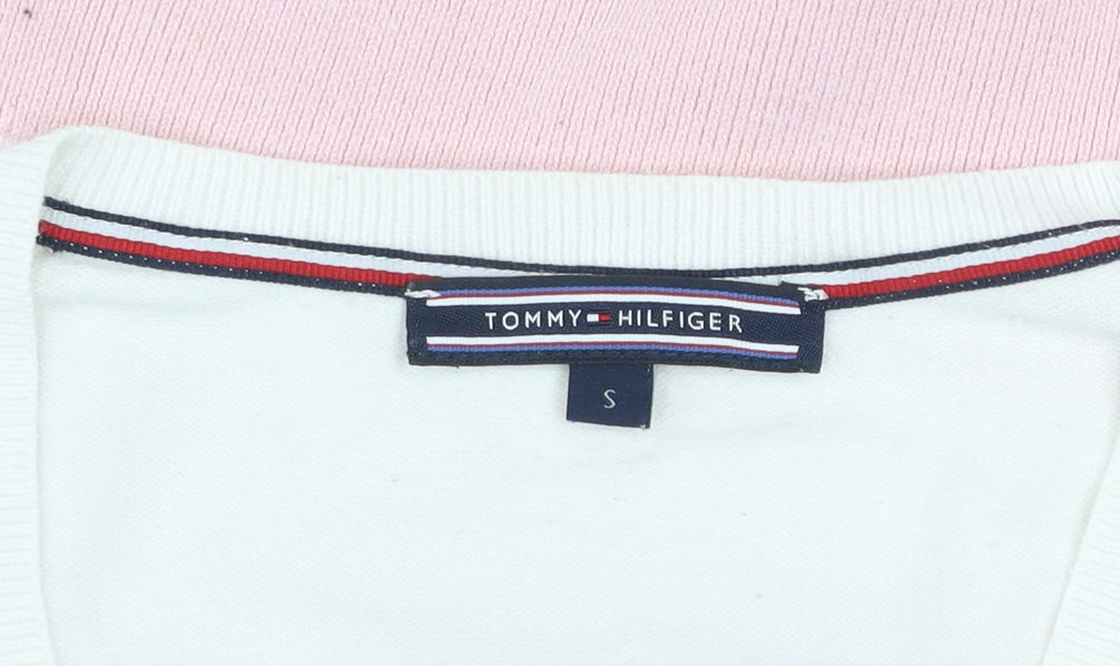 Tommy Hilfiger Men's Pink White Striped V-Neck Cotton Jumper S