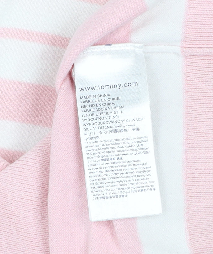 Tommy Hilfiger Men's Pink White Striped V-Neck Cotton Jumper S