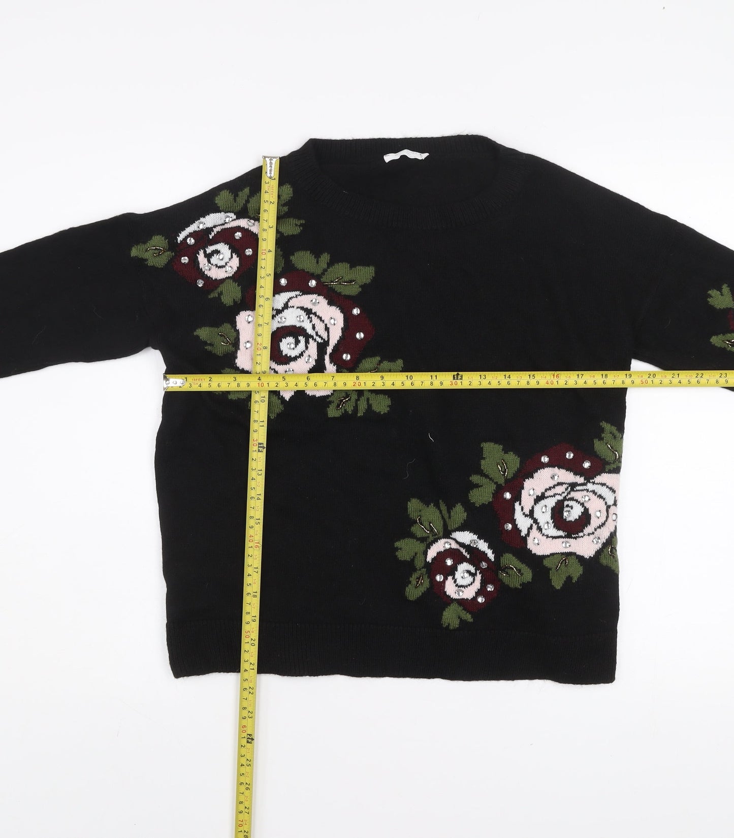 Pepper & Mint Women Black Floral Knit Jumper Size 12 Cotton Blend