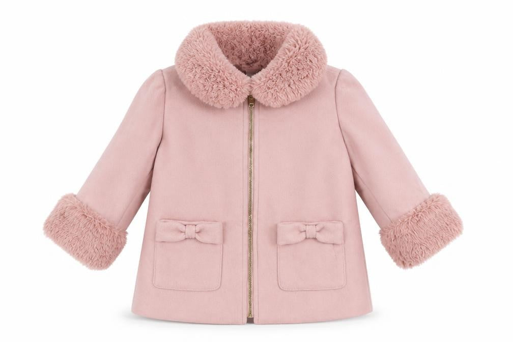 Front view of River Island girls’ pink faux fur trim zip coat 2-3 years