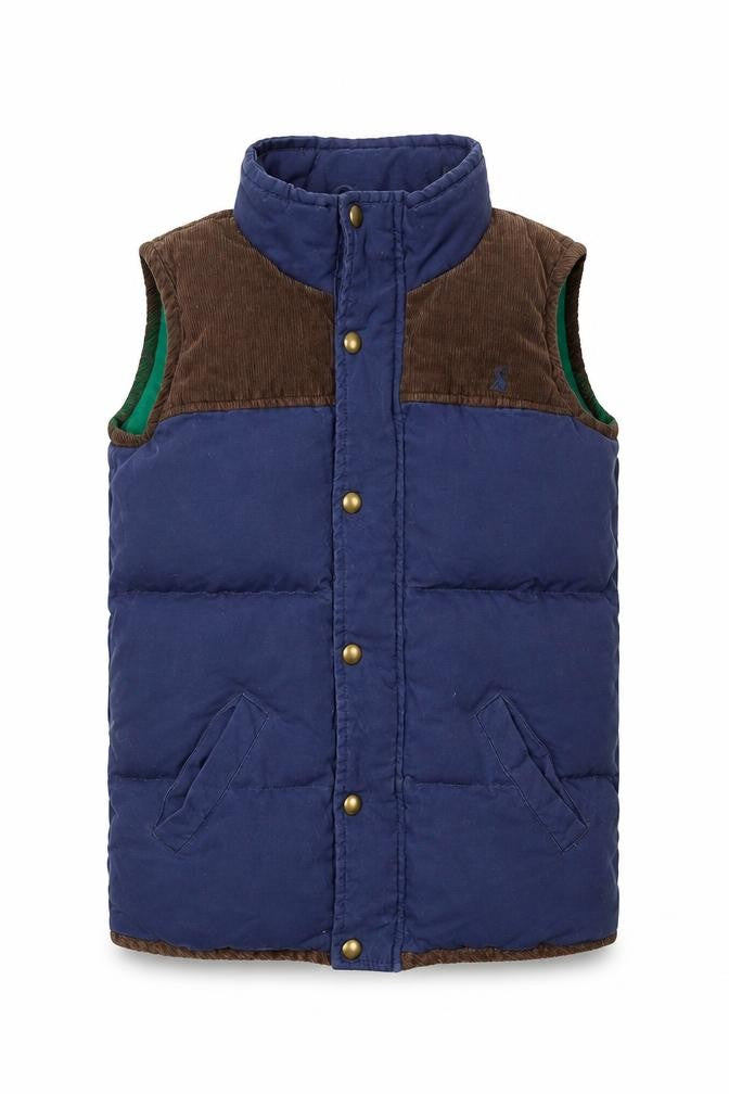 Front view of Joules boys’ blue padded cotton bodywarmer waistcoat 9-10 years
