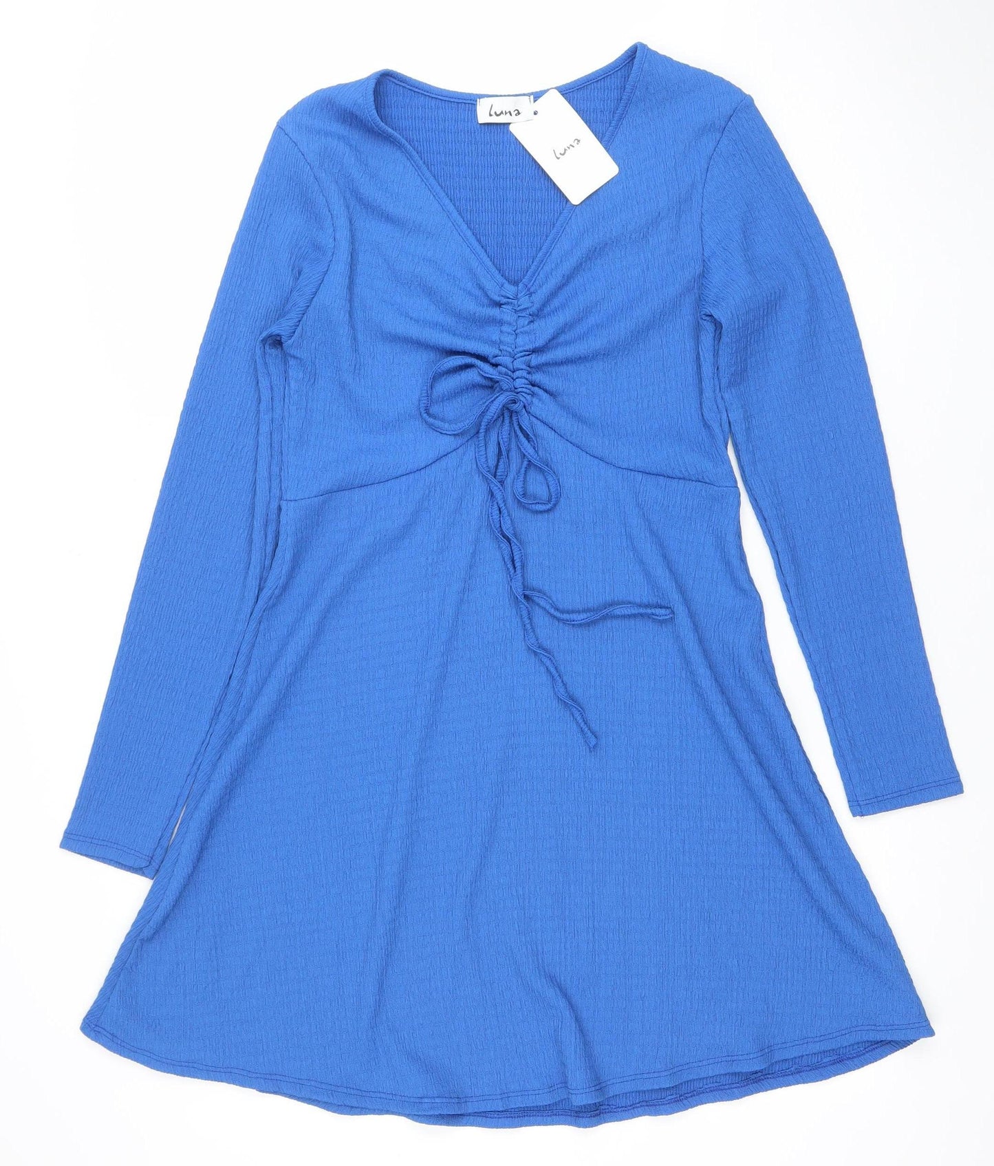 Luna Women's Blue A-Line Knit Long Sleeve Short Dress S