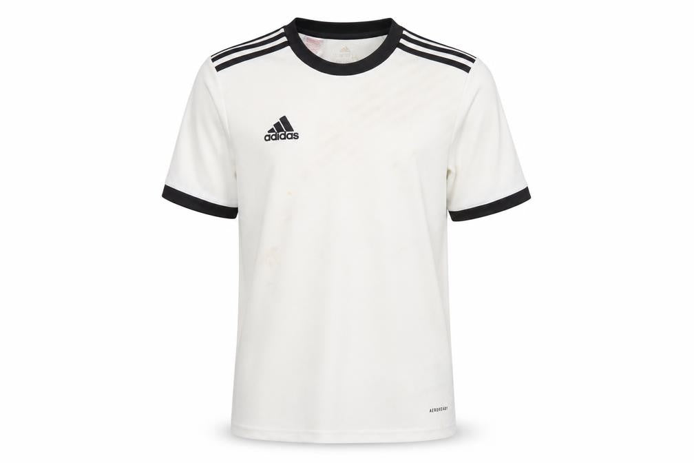 Front view of Adidas boys’ white short sleeve aeroready football training t-shirt 13-14 years