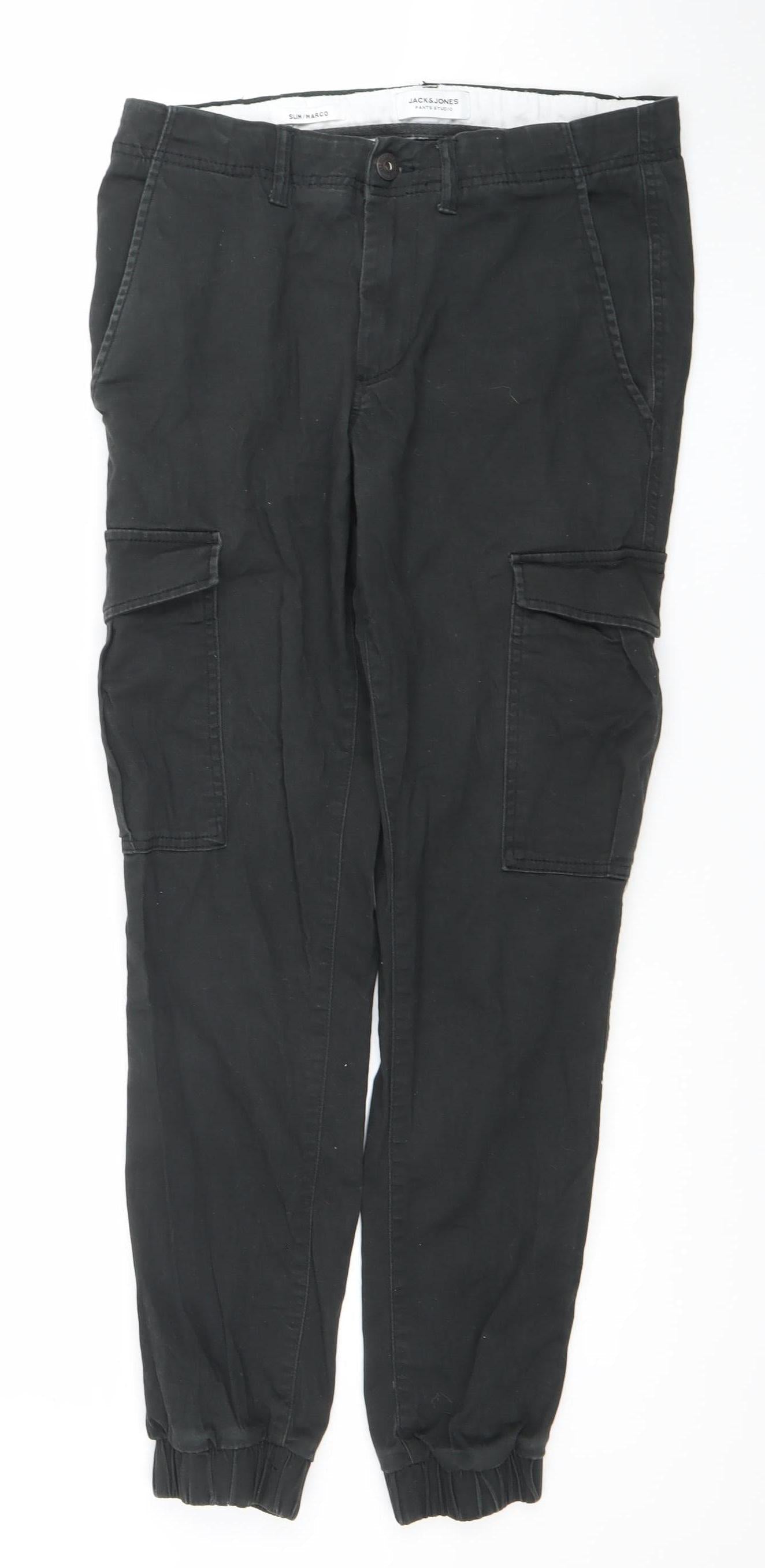Jack & Jones Mens Black Cargo Trousers S Regular Fit Cotton