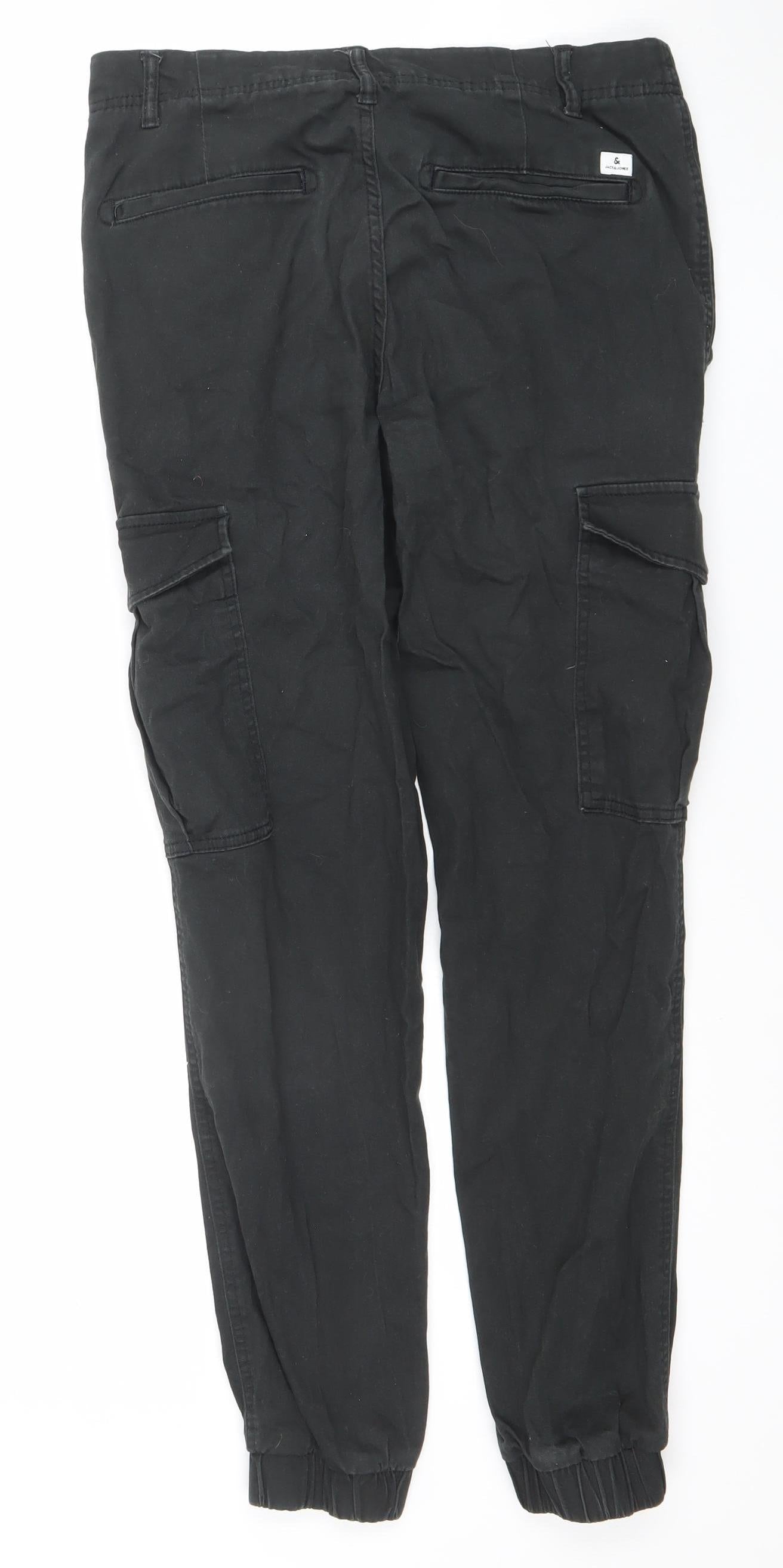 Jack & Jones Mens Black Cargo Trousers S Regular Fit Cotton
