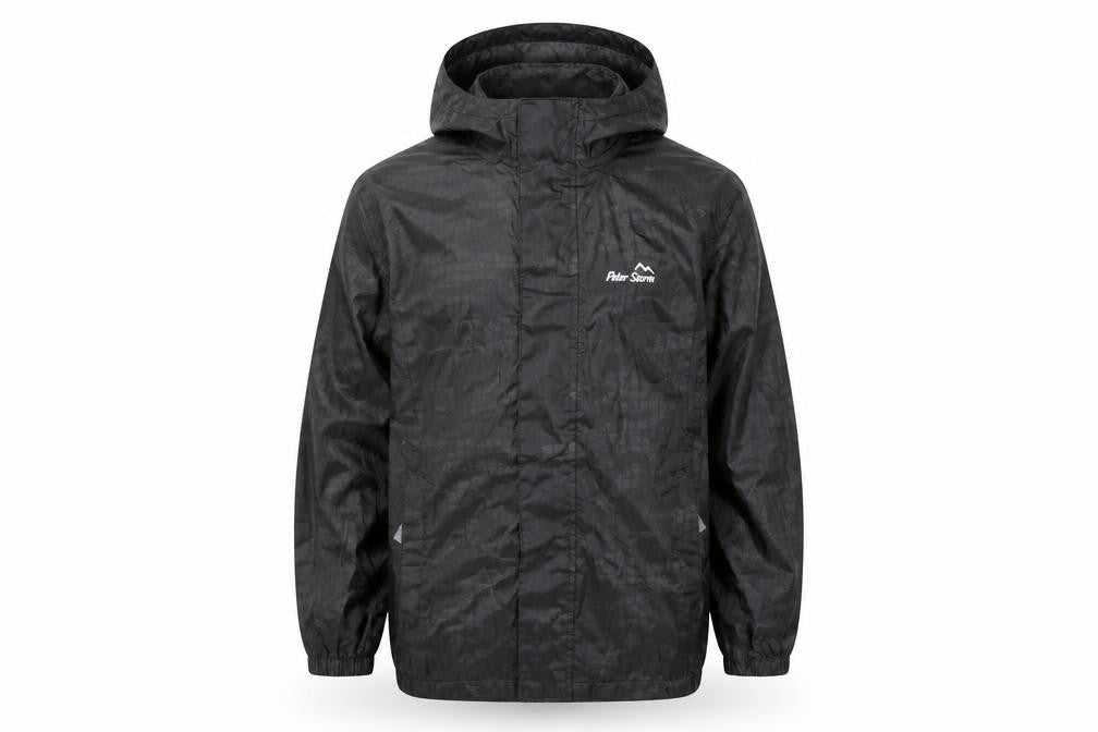 Front view of Peter Storm boys’ black 9-10 years hooded waterproof lightweight rain jacket