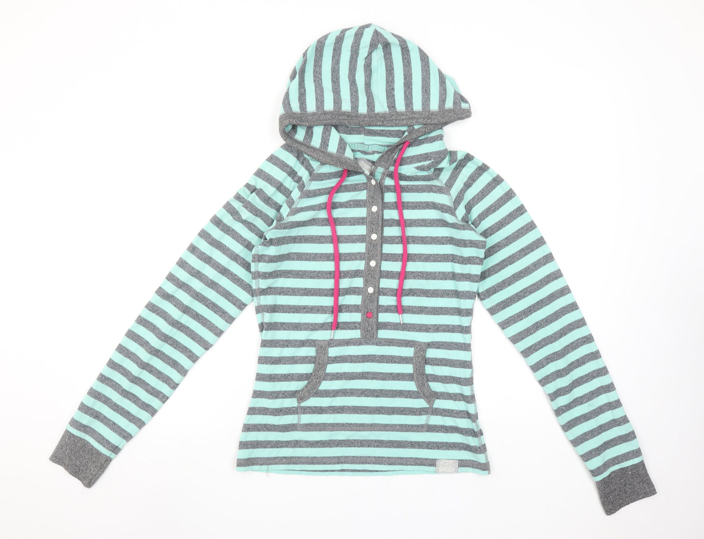 Superdry Women Grey Blue Striped Henley Hoodie Size M Cotton Blend