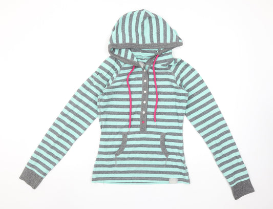 Superdry Women Grey Blue Striped Henley Hoodie Size M Cotton Blend