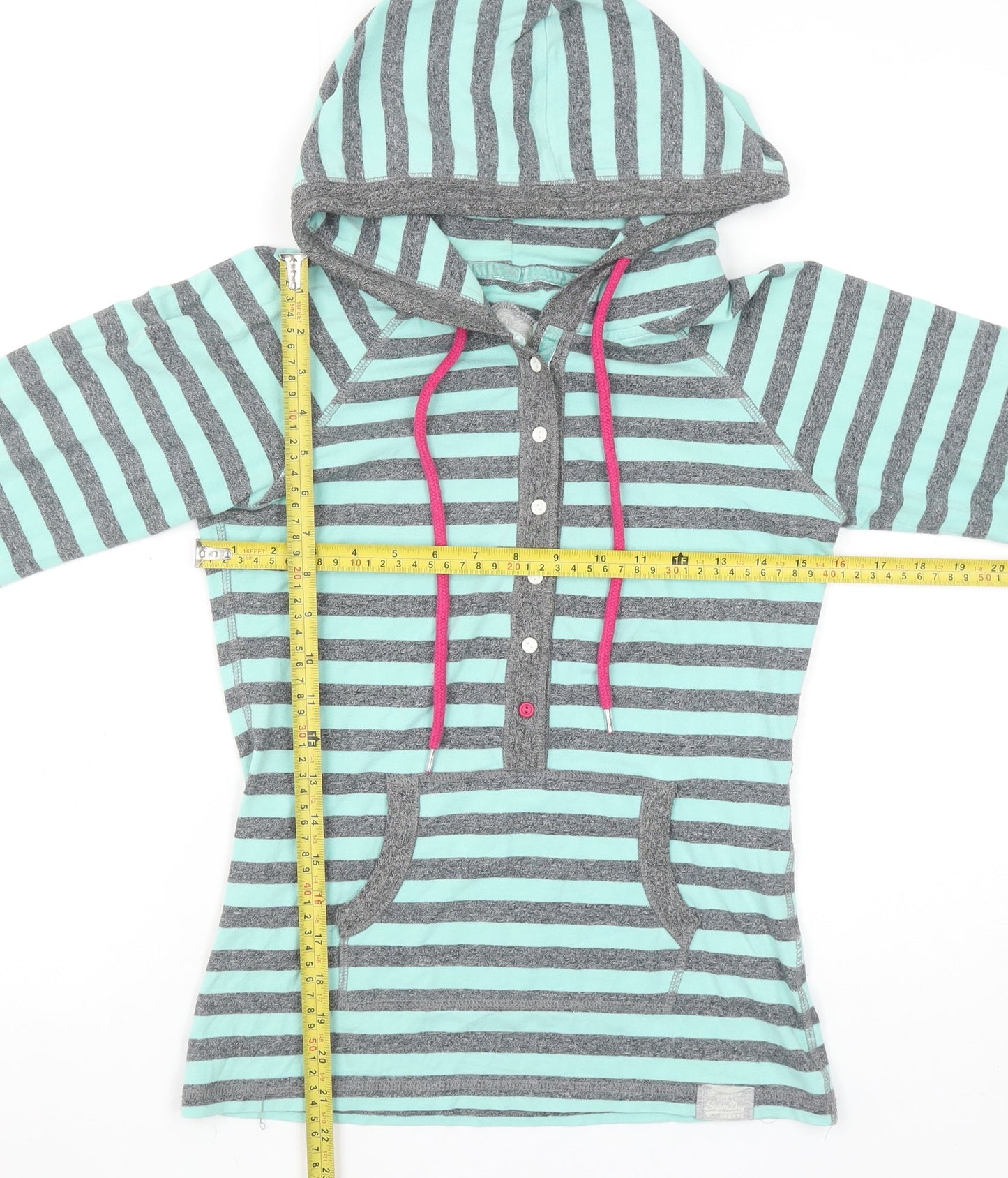 Superdry Women Grey Blue Striped Henley Hoodie Size M Cotton Blend