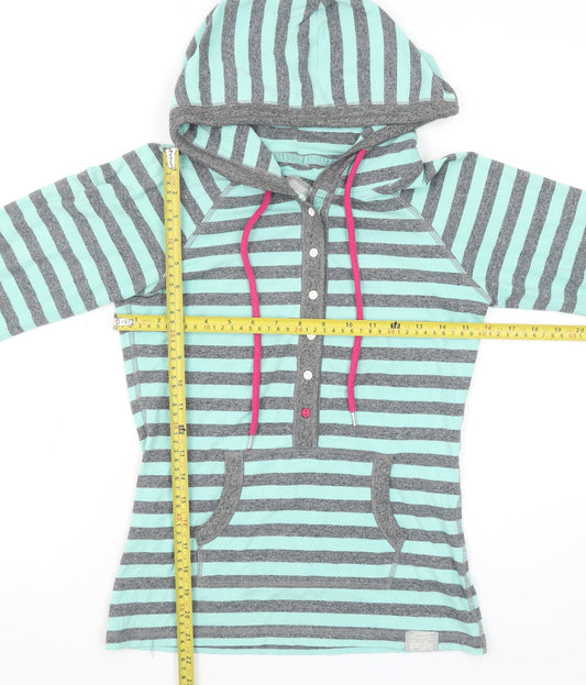 Superdry Women Grey Blue Striped Henley Hoodie Size M Cotton Blend