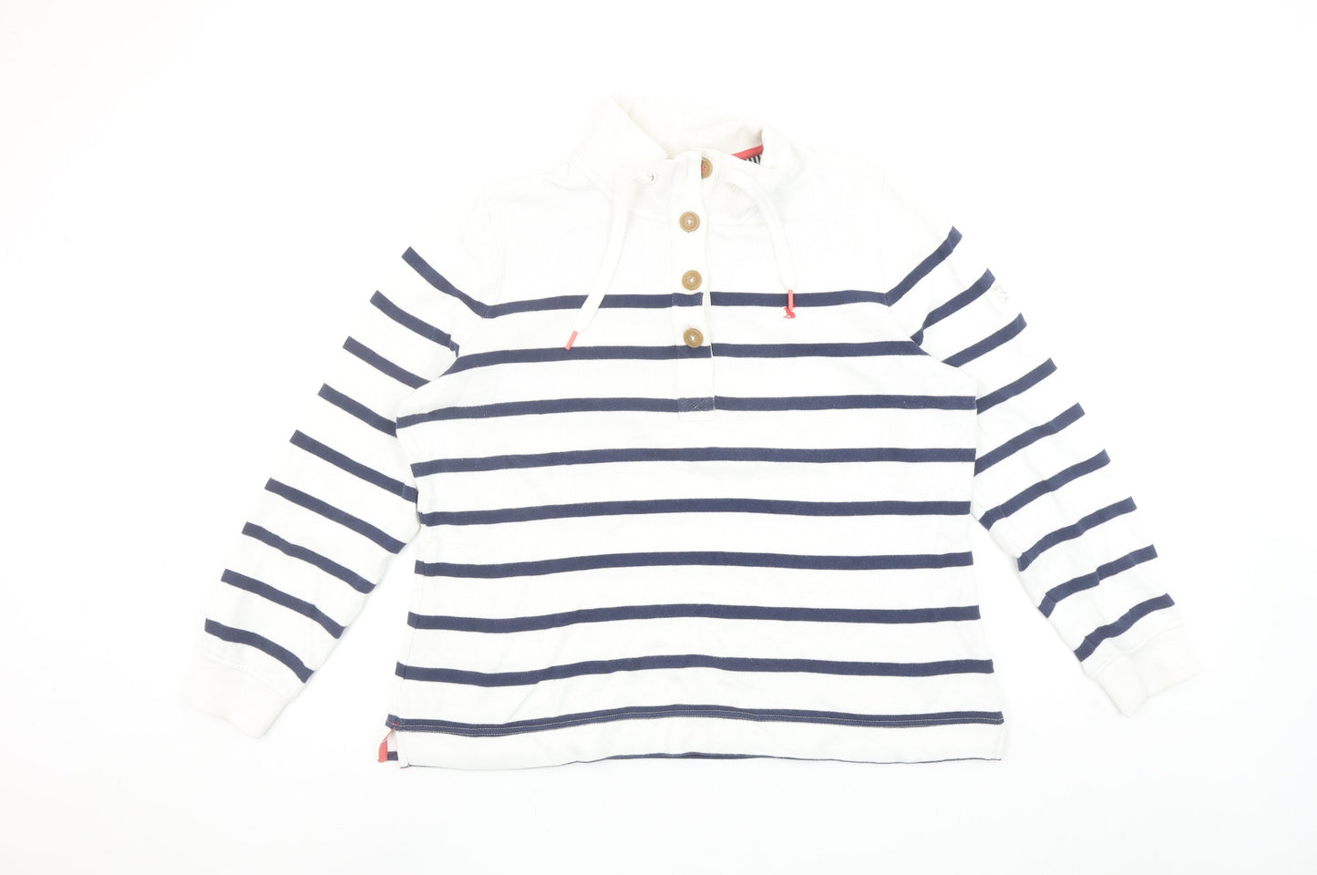 Joules Women White Navy Striped Henley Sweatshirt UK 16 Cotton Nautical