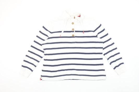 Joules Women White Navy Striped Henley Sweatshirt UK 16 Cotton Nautical