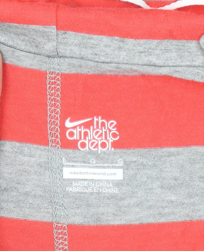 Nike Women’s Grey & Coral Stripe Hooded Pullover Hoodie Size L