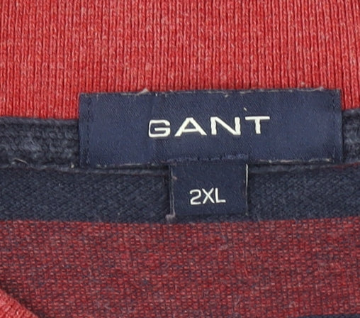 GANT Men's Red and Navy Striped 2XL Cotton Polo Shirt