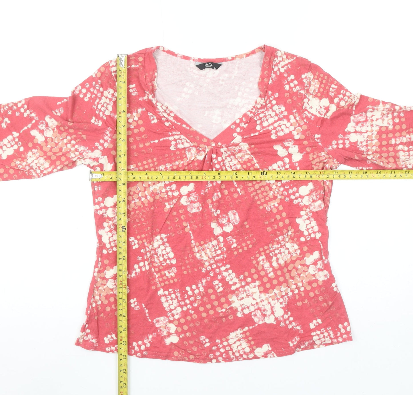 M&Co Womens Pink Geometric V-Neck 3/4 Sleeve Jersey T-Shirt Size 14