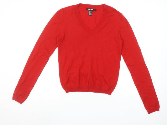 DKNY Women's Red Wool V-Neck Jumper Size M