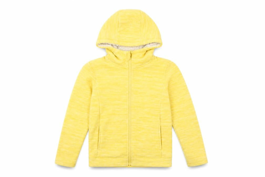 Front view of Mountain Warehouse girls’ yellow hooded fleece jacket 9-10 years full zip