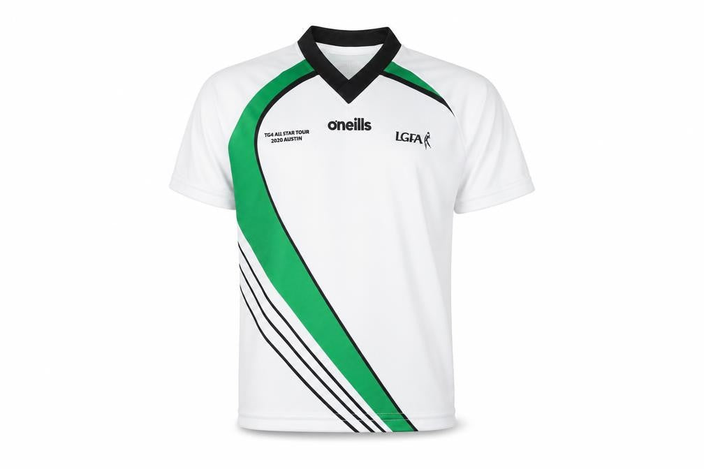 Front view of O'Neill boys’ white green lgfa jersey 9-10 years v-neck sports t-shirt
