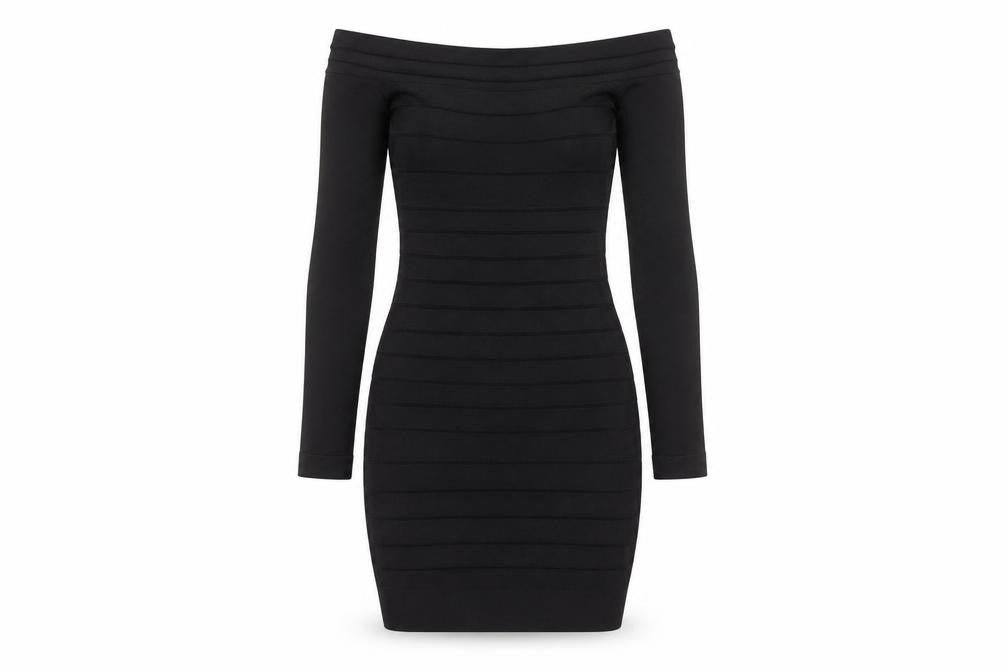 Front view of French Connection Women's Black, size 8, Off Shoulder Bodycon Dress