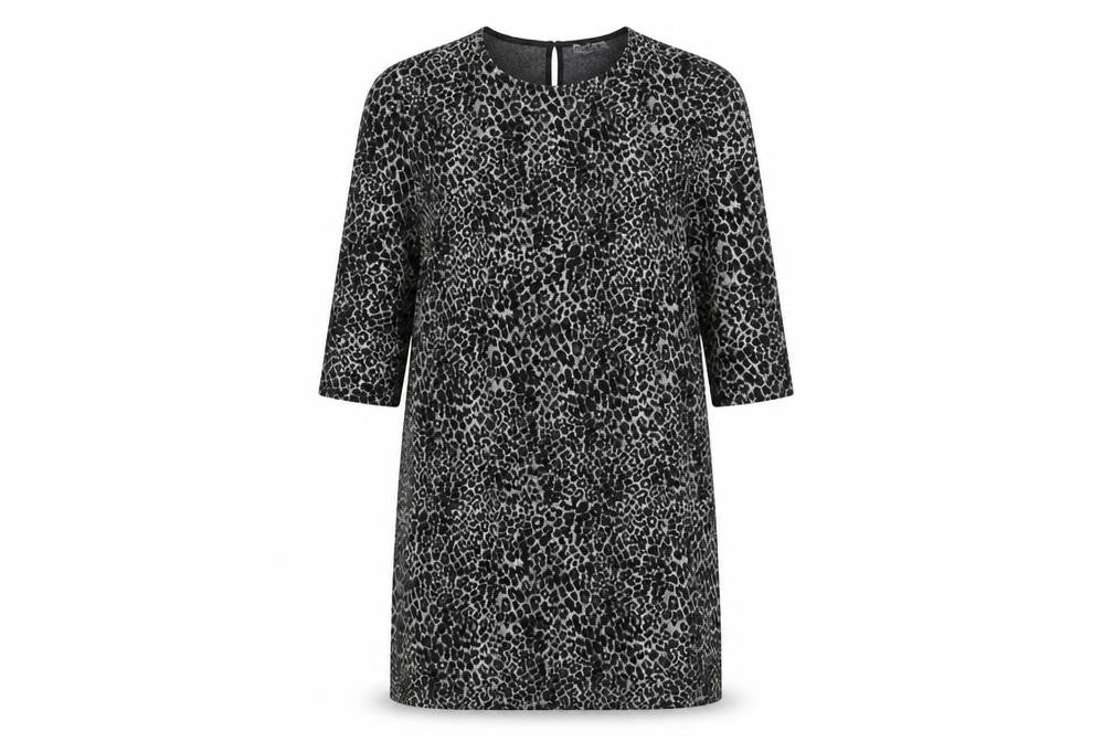 Front view of Gallery Women Black Leopard Print Shift Dress, size 16, 3/4 Sleeve