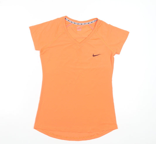 Nike Womens Orange Dri-FIT V-Neck Short Sleeve T-Shirt Size S