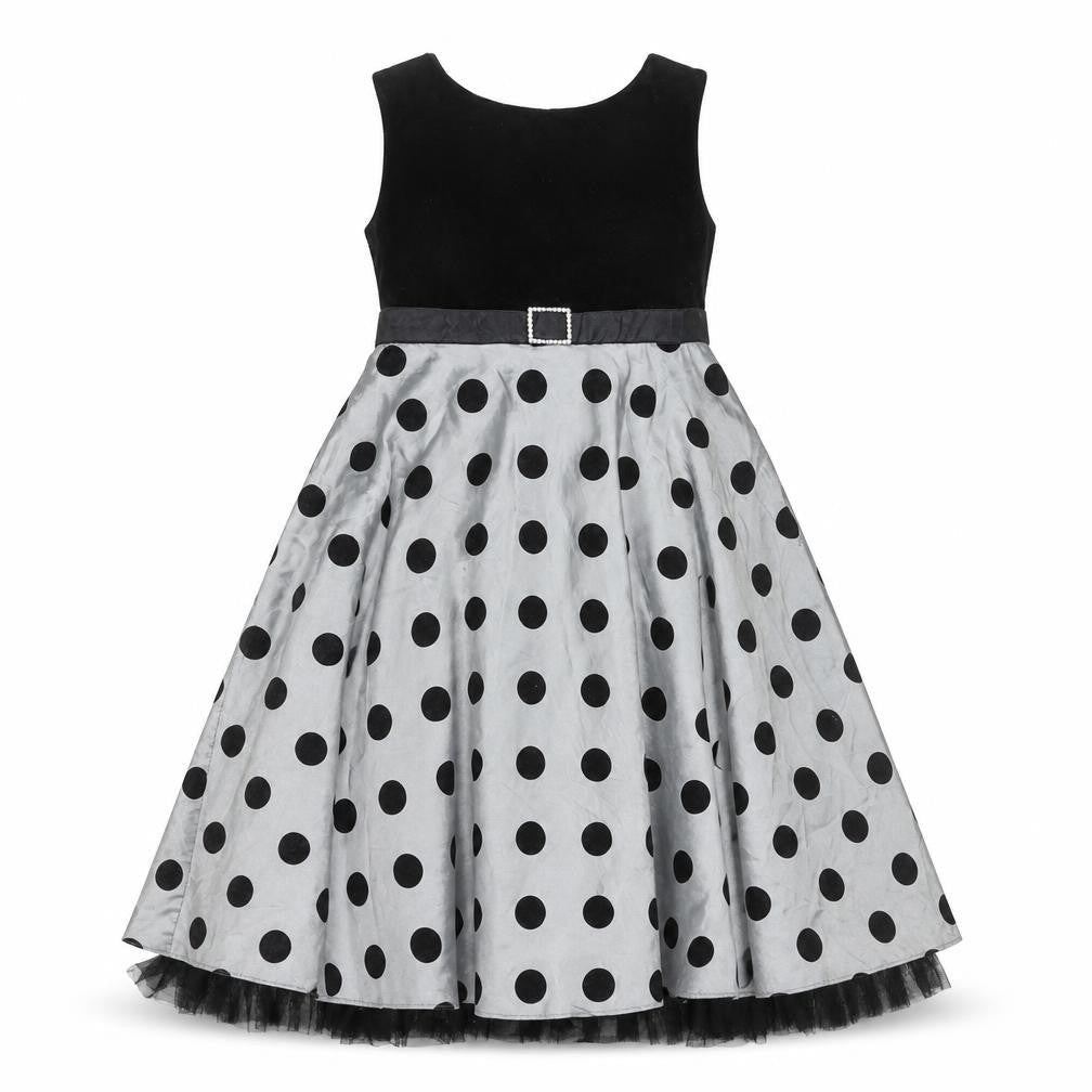 Front view of St. Bernard for Dunnes girls’ black & silver polka dot fit & flare dress age 7