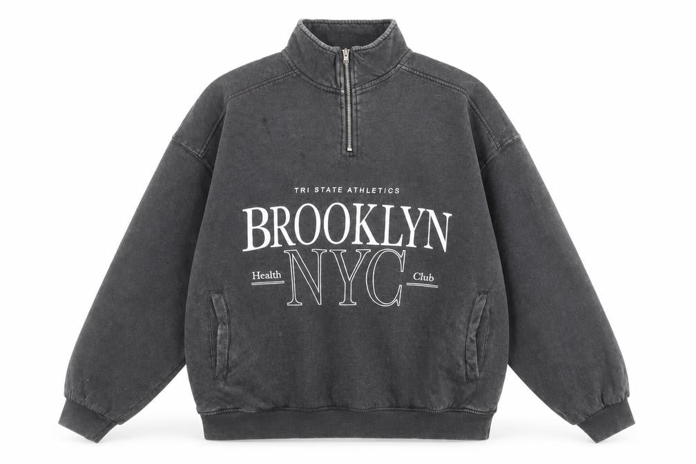 Front view of Dunnes Women’s Charcoal 1/4 Zip Brooklyn NYC Sweatshirt, size M