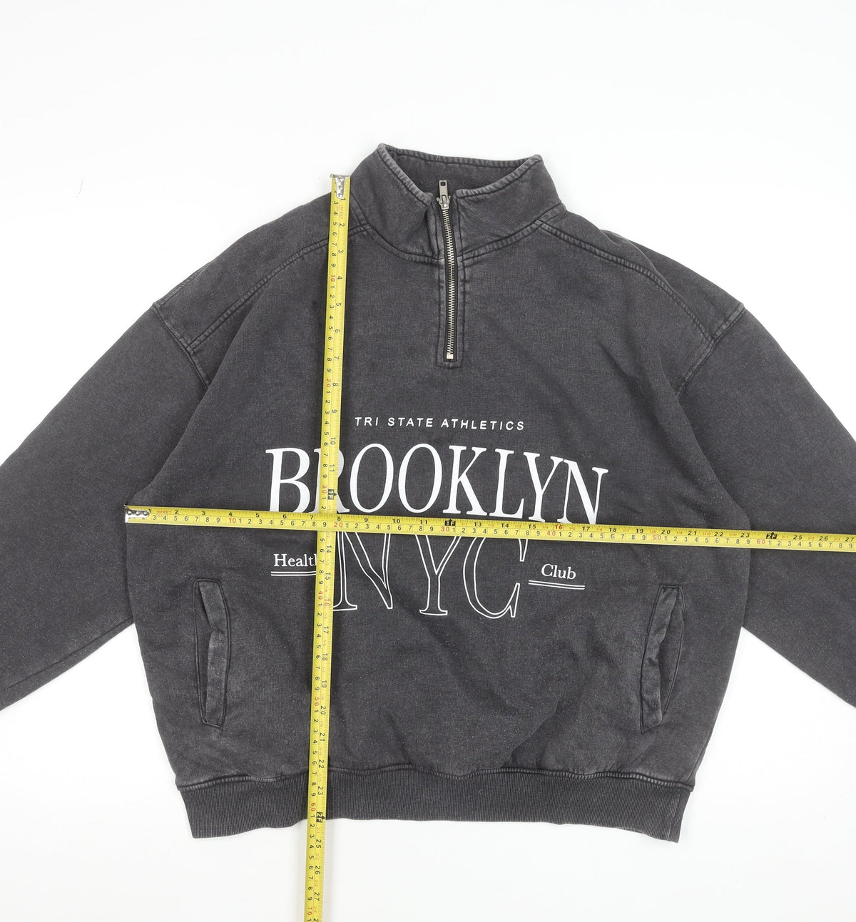 Back view of Dunnes Women’s Charcoal 1/4 Zip Brooklyn NYC Sweatshirt, size M